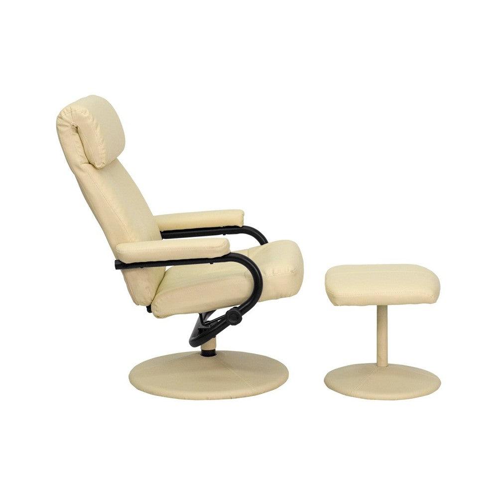 Contemporary Multi-Position Headrest Recliner and Ottoman with Wrapped Base in Cream LeatherSoft
