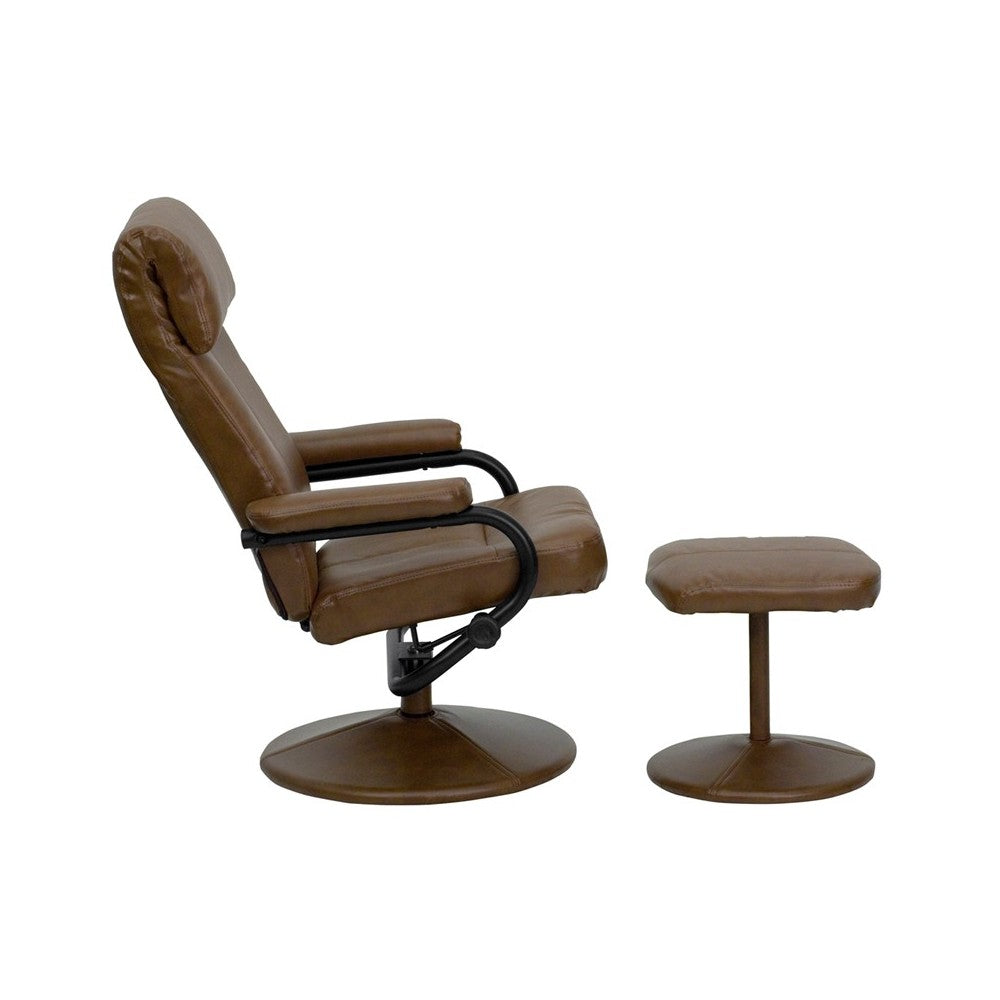 Contemporary Multi-Position Headrest Recliner and Ottoman with Wrapped Base in Palimino LeatherSoft