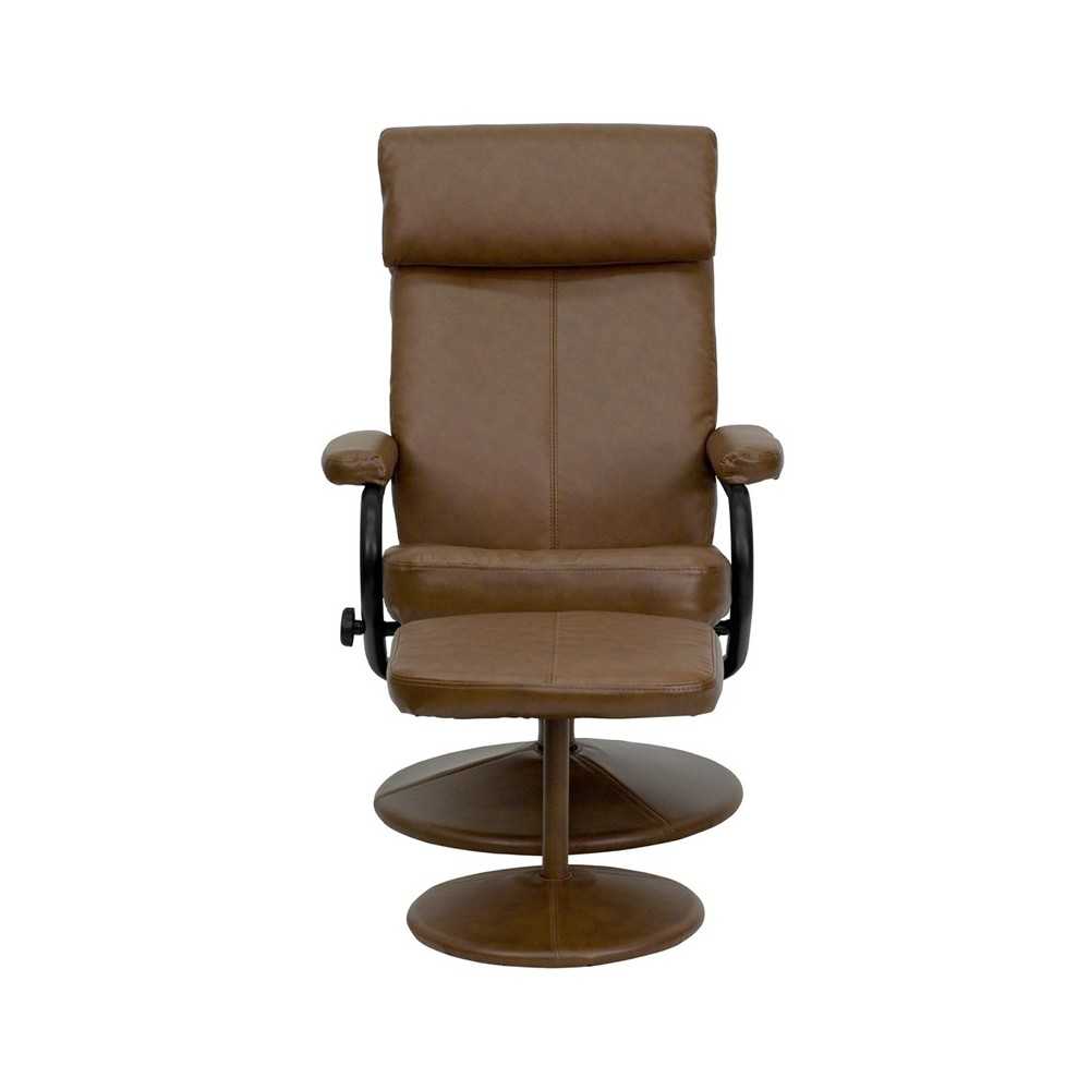 Contemporary Multi-Position Headrest Recliner and Ottoman with Wrapped Base in Palimino LeatherSoft
