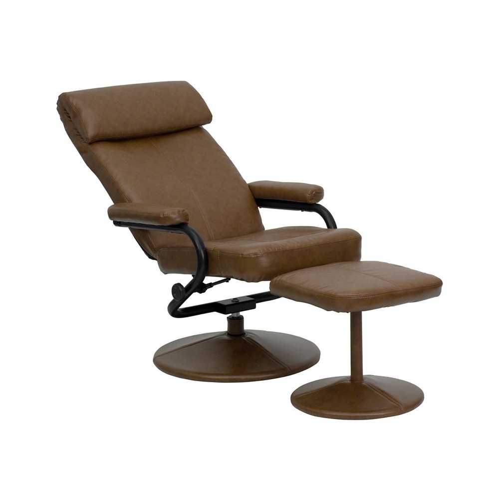 Contemporary Multi-Position Headrest Recliner and Ottoman with Wrapped Base in Palimino LeatherSoft