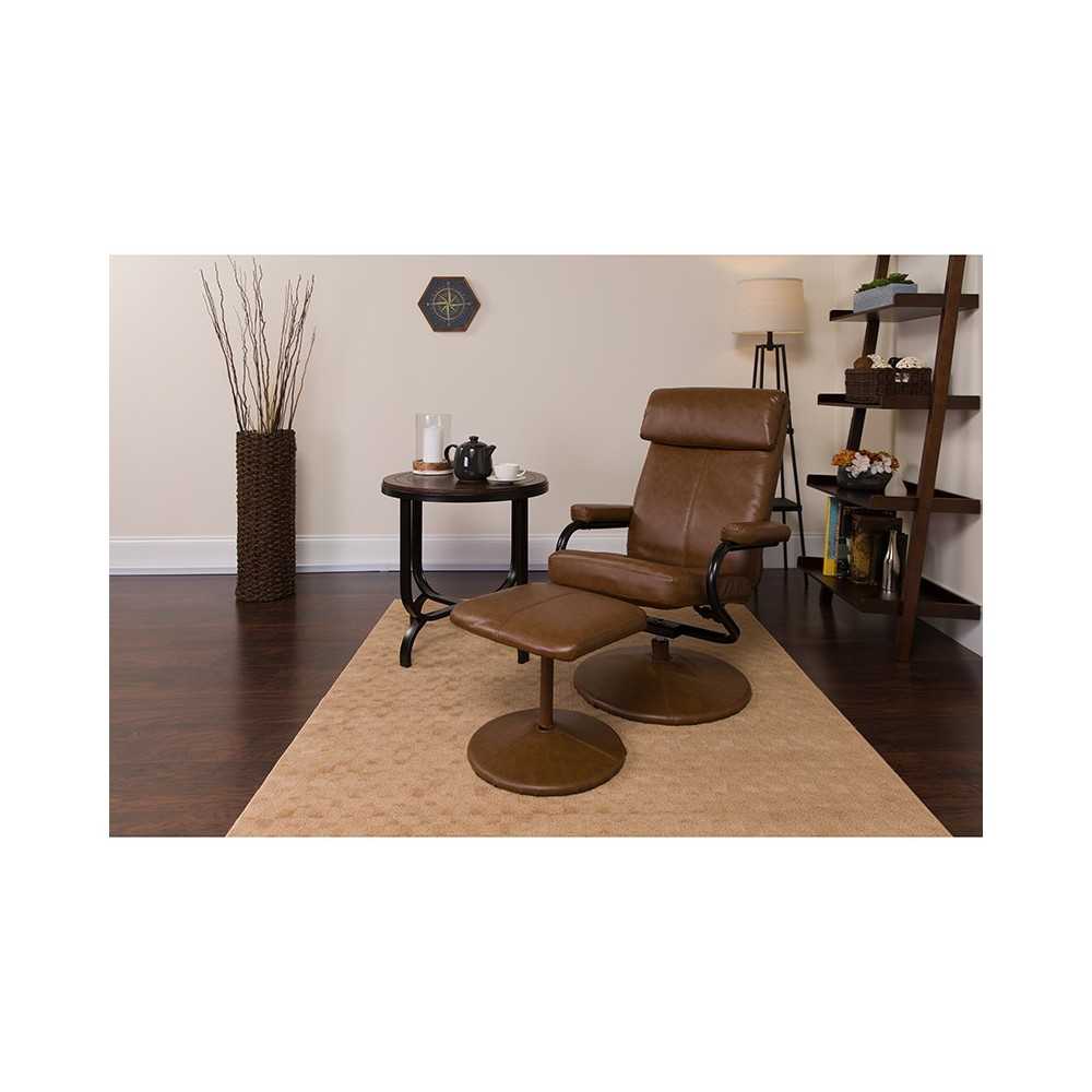 Contemporary Multi-Position Headrest Recliner and Ottoman with Wrapped Base in Palimino LeatherSoft