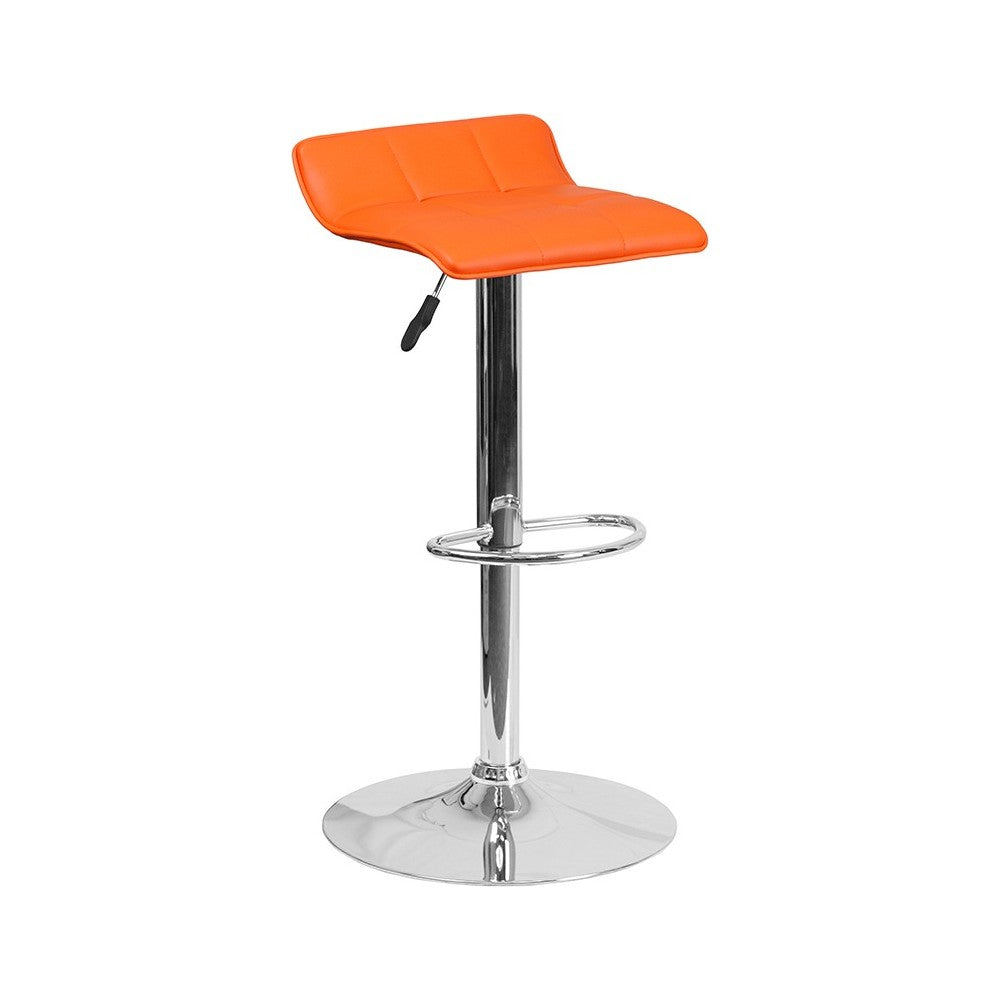 Contemporary Orange Vinyl Adjustable Height Barstool with Quilted Wave Seat and Chrome Base