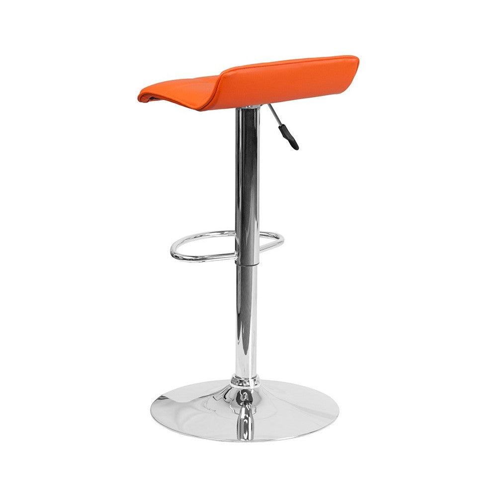 Contemporary Orange Vinyl Adjustable Height Barstool with Quilted Wave Seat and Chrome Base