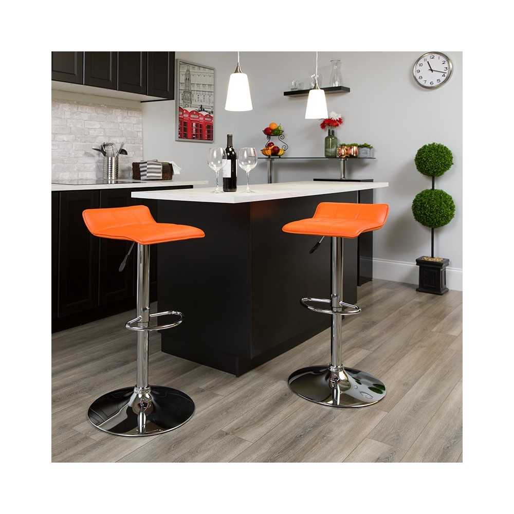 Contemporary Orange Vinyl Adjustable Height Barstool with Quilted Wave Seat and Chrome Base