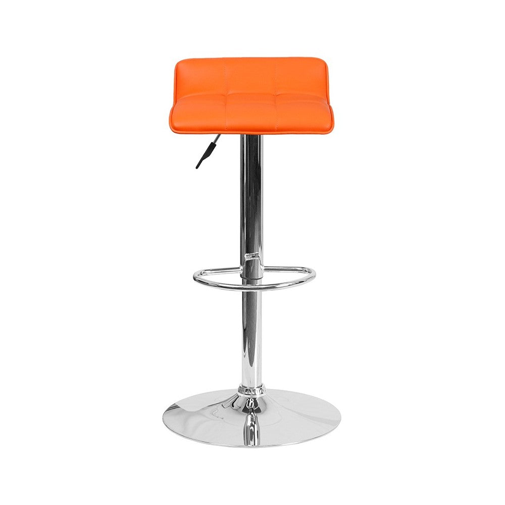 Contemporary Orange Vinyl Adjustable Height Barstool with Quilted Wave Seat and Chrome Base