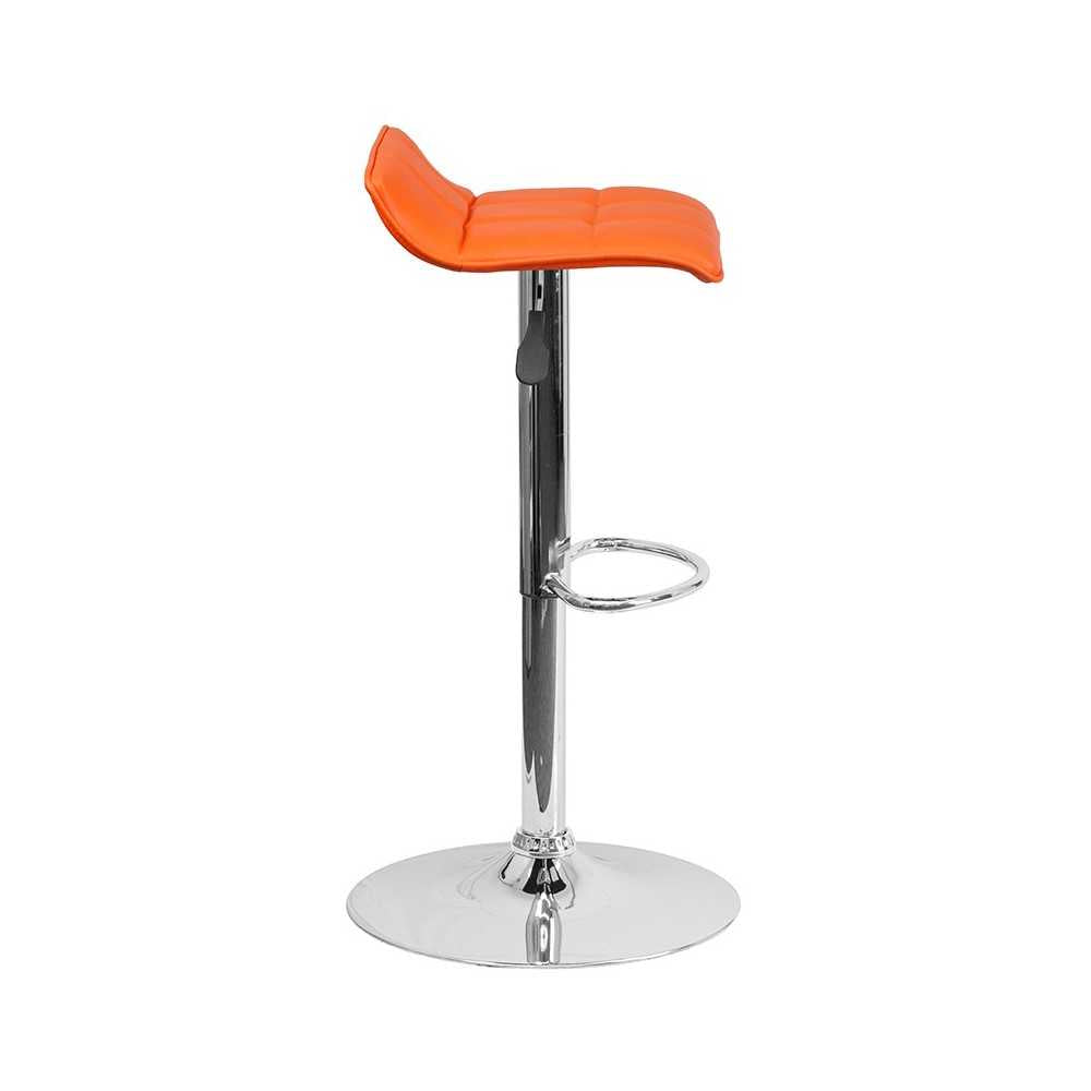 Contemporary Orange Vinyl Adjustable Height Barstool with Quilted Wave Seat and Chrome Base