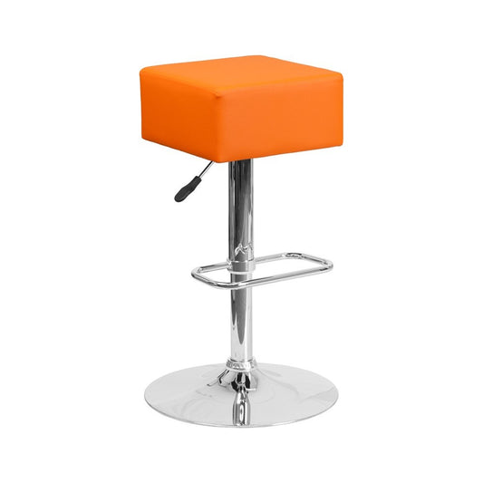 Contemporary Orange Vinyl Adjustable Height Barstool with Square Seat and Chrome Base