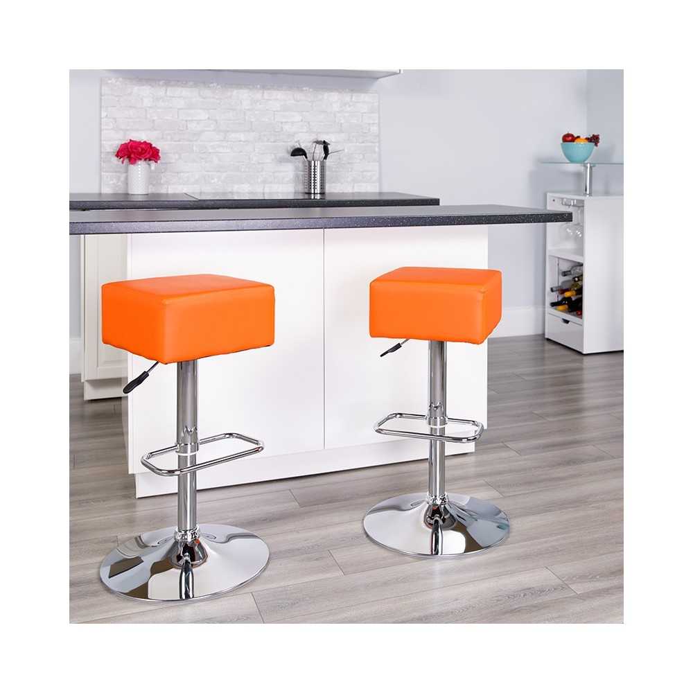 Contemporary Orange Vinyl Adjustable Height Barstool with Square Seat and Chrome Base