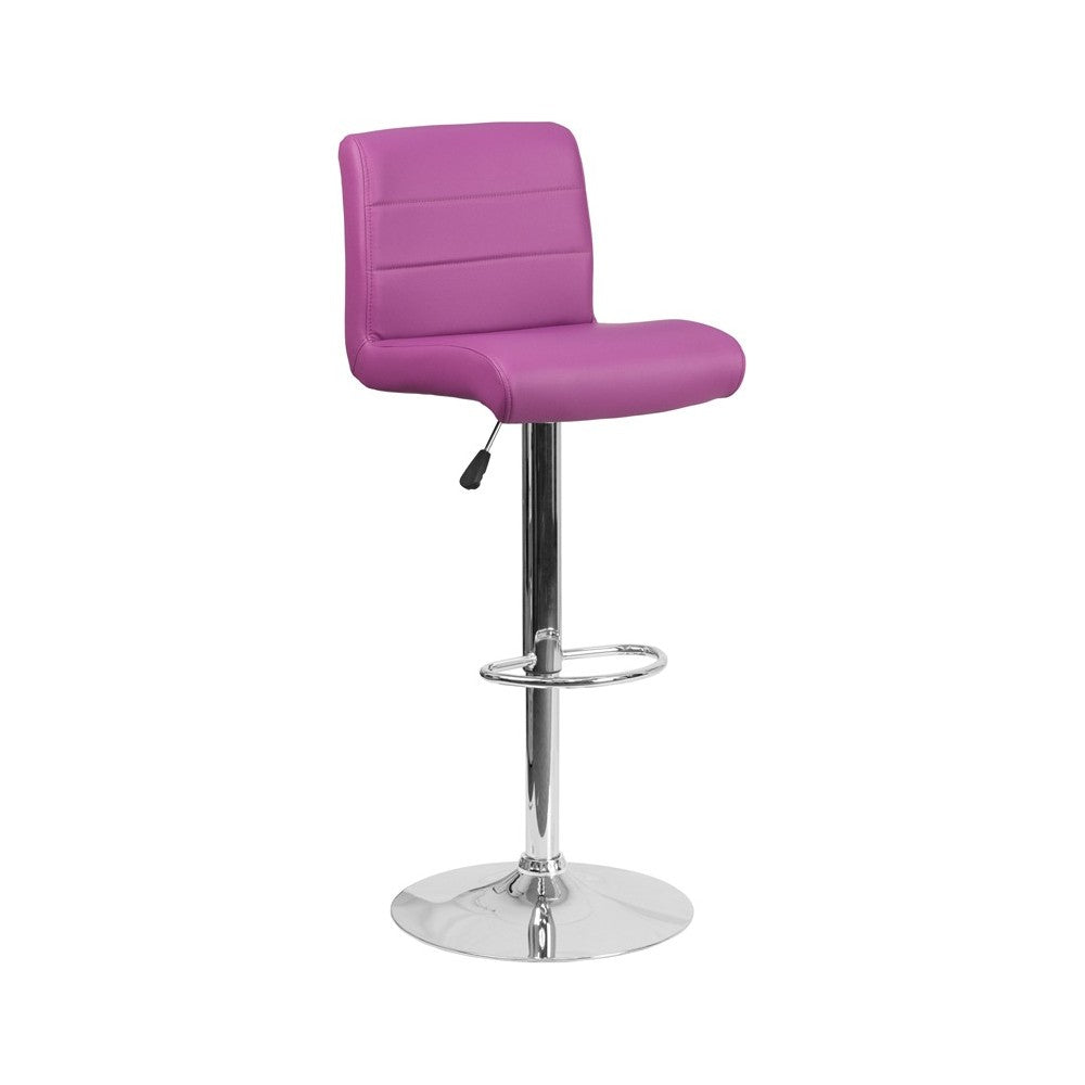 Contemporary Purple Vinyl Adjustable Height Barstool with Rolled Seat and Chrome Base