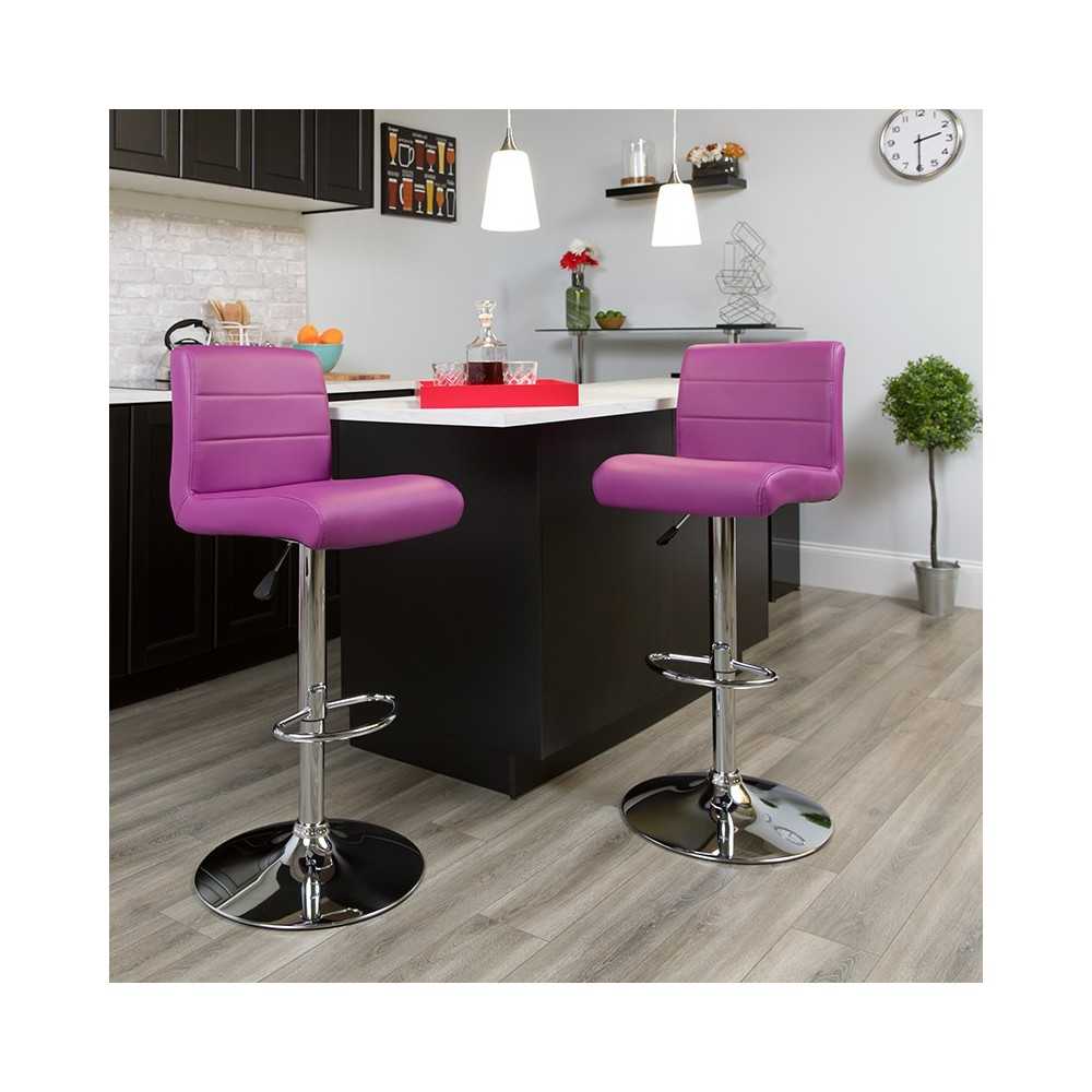 Contemporary Purple Vinyl Adjustable Height Barstool with Rolled Seat and Chrome Base