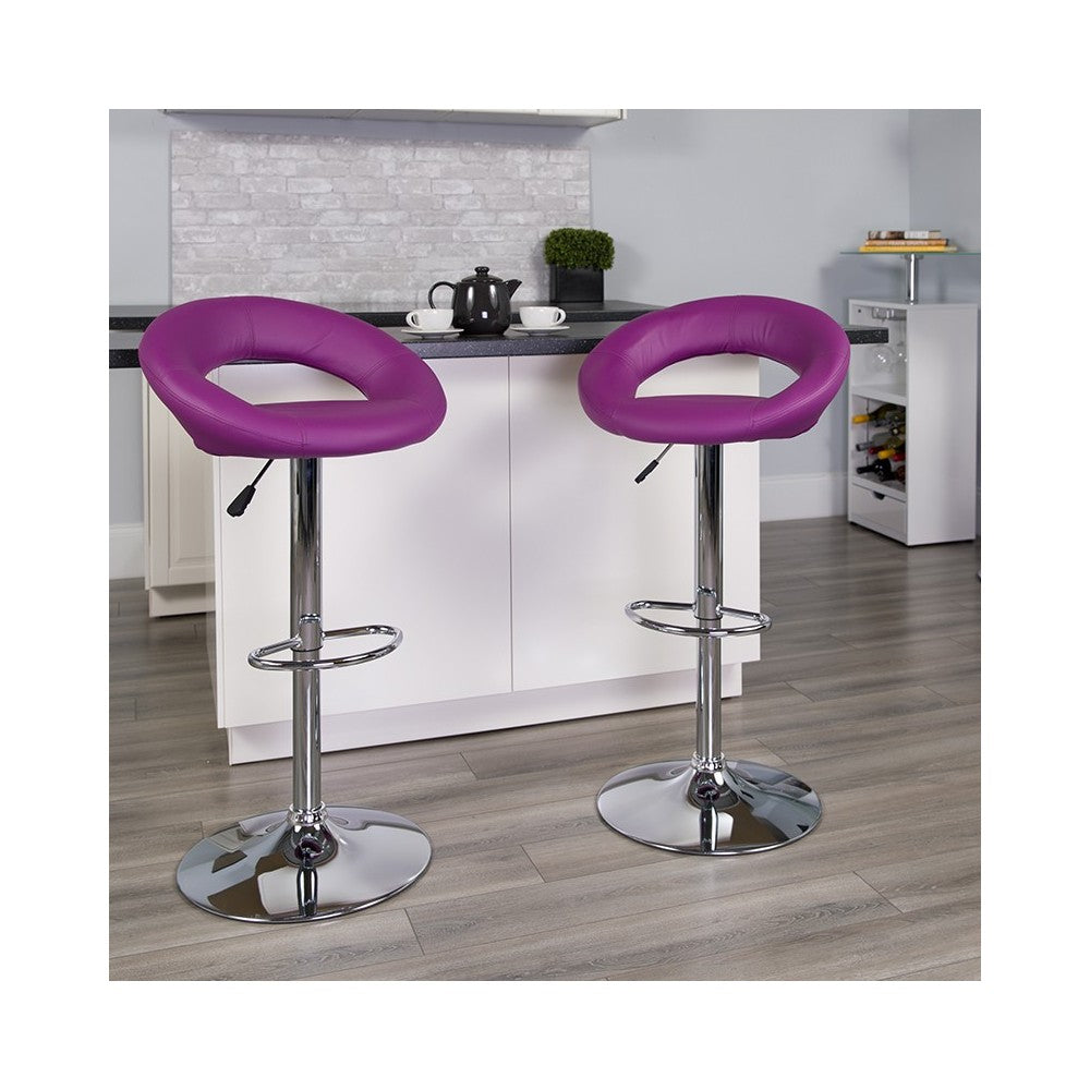 Contemporary Purple Vinyl Rounded Orbit-Style Back Adjustable Height Barstool with Chrome Base