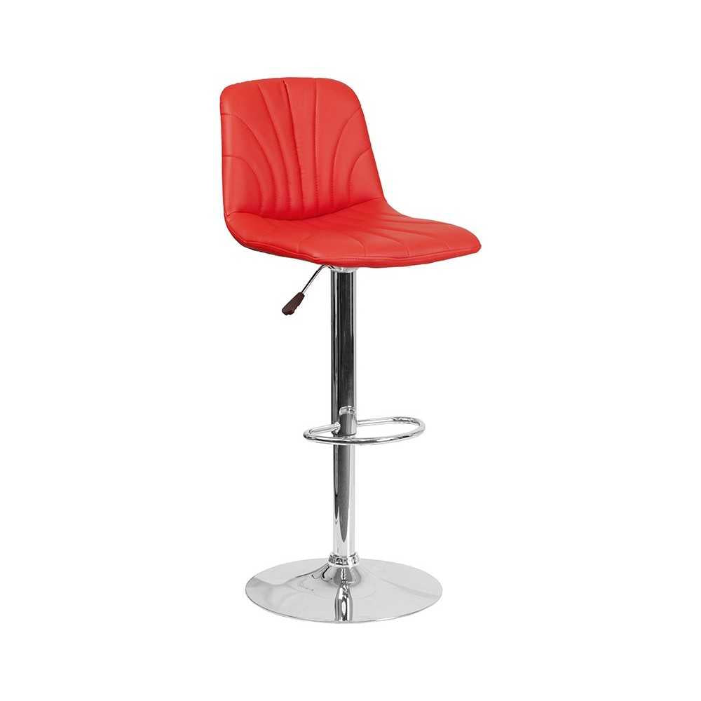 Contemporary Red Vinyl Adjustable Height Barstool with Embellished Stitch Design and Chrome Base