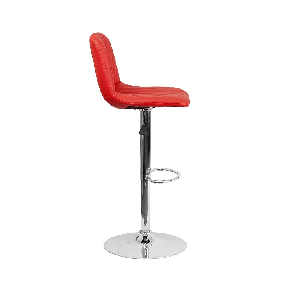 Contemporary Red Vinyl Adjustable Height Barstool with Embellished Stitch Design and Chrome Base