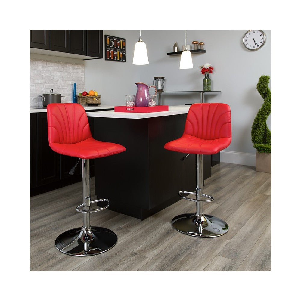 Contemporary Red Vinyl Adjustable Height Barstool with Embellished Stitch Design and Chrome Base