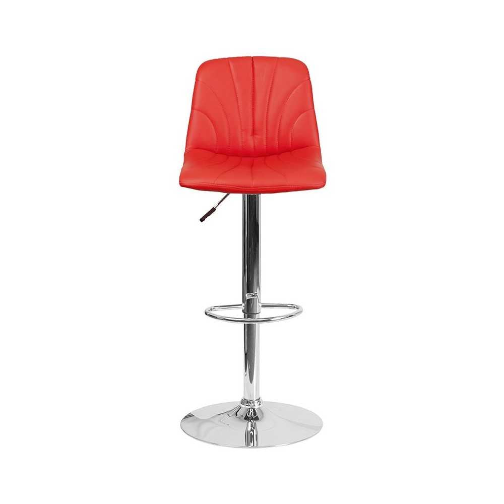 Contemporary Red Vinyl Adjustable Height Barstool with Embellished Stitch Design and Chrome Base