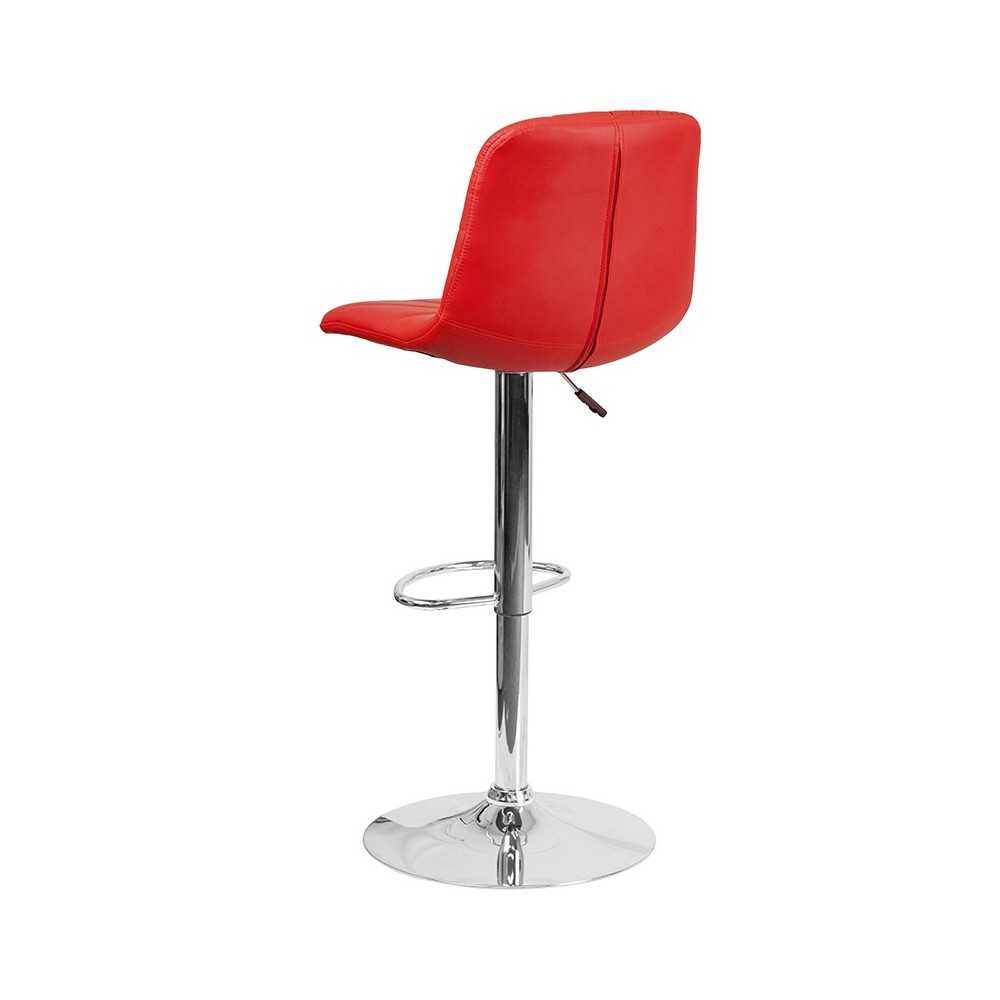 Contemporary Red Vinyl Adjustable Height Barstool with Embellished Stitch Design and Chrome Base