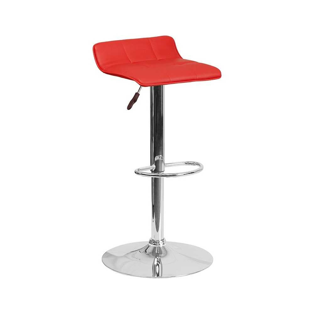 Contemporary Red Vinyl Adjustable Height Barstool with Quilted Wave Seat and Chrome Base