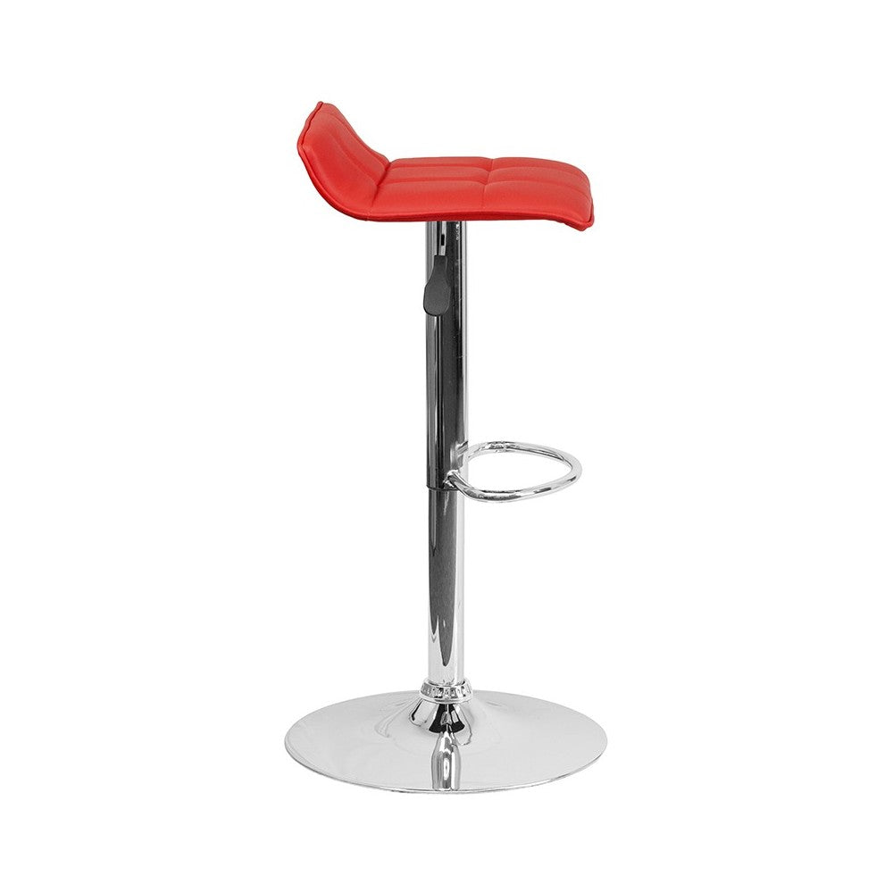 Contemporary Red Vinyl Adjustable Height Barstool with Quilted Wave Seat and Chrome Base