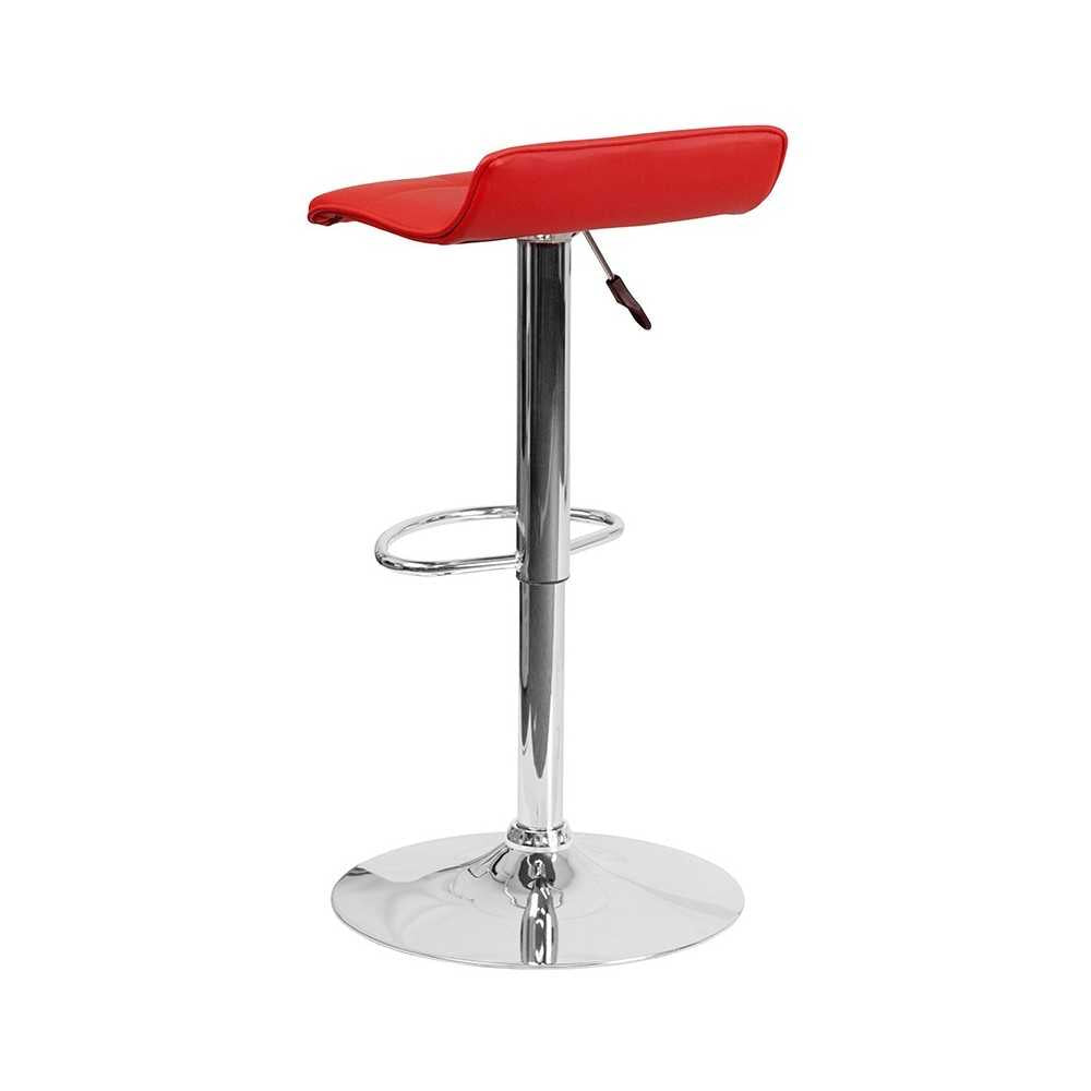 Contemporary Red Vinyl Adjustable Height Barstool with Quilted Wave Seat and Chrome Base