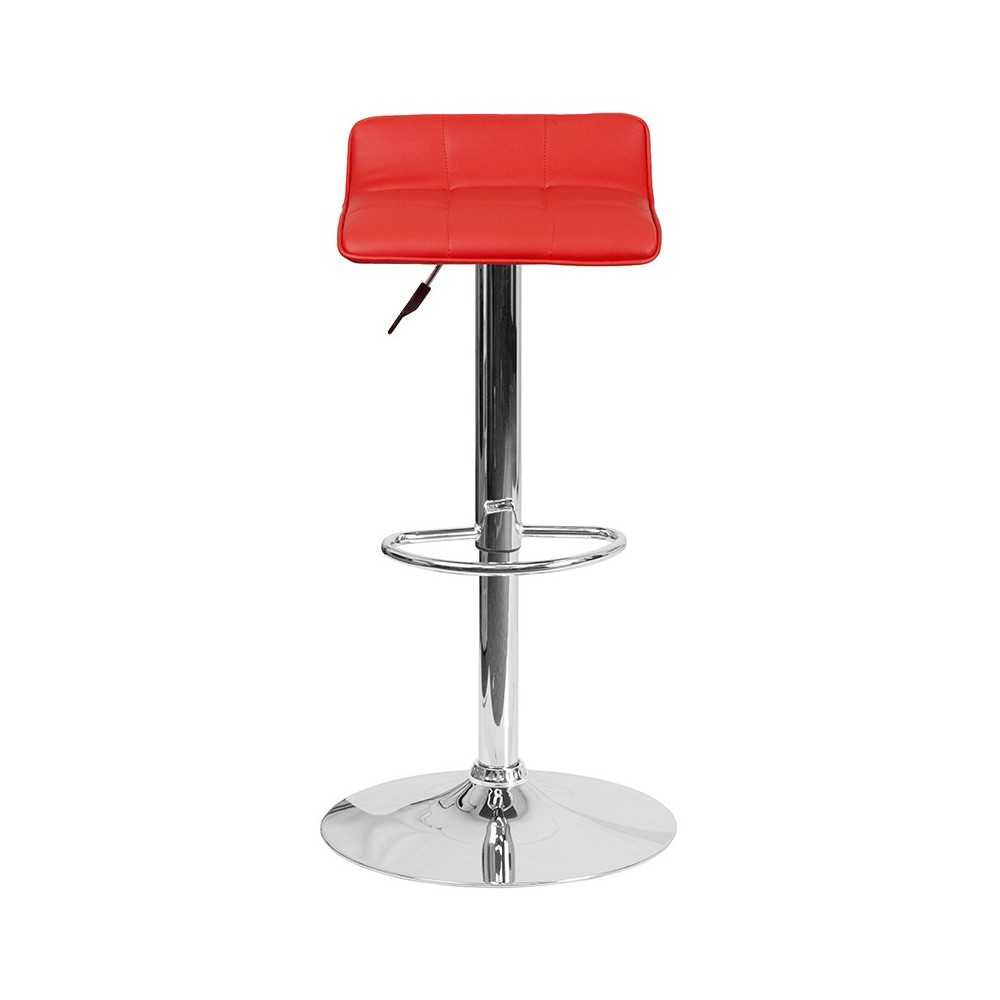 Contemporary Red Vinyl Adjustable Height Barstool with Quilted Wave Seat and Chrome Base