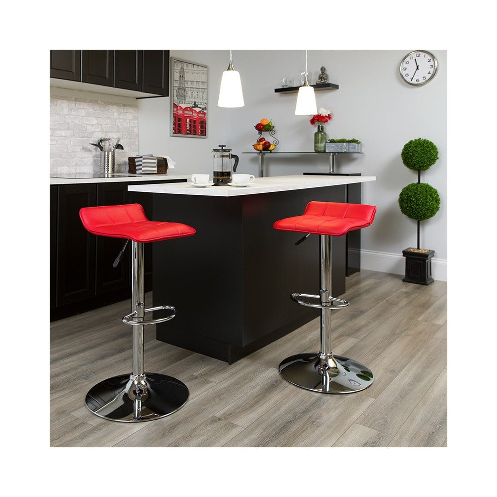 Contemporary Red Vinyl Adjustable Height Barstool with Quilted Wave Seat and Chrome Base