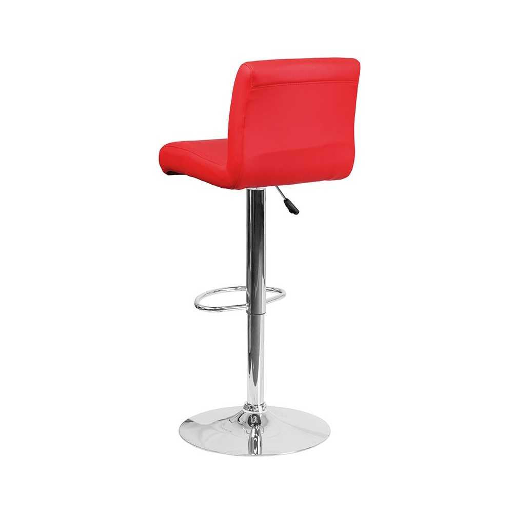 Contemporary Red Vinyl Adjustable Height Barstool with Rolled Seat and Chrome Base