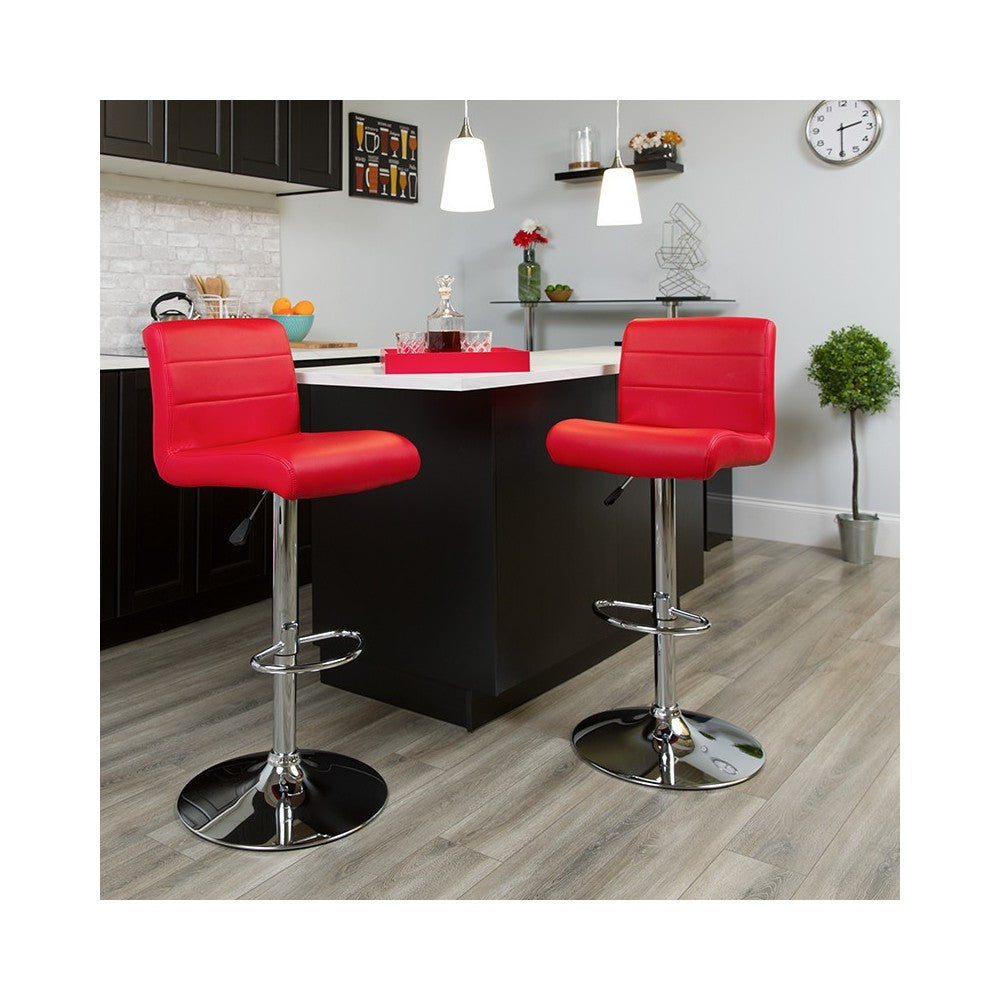 Contemporary Red Vinyl Adjustable Height Barstool with Rolled Seat and Chrome Base