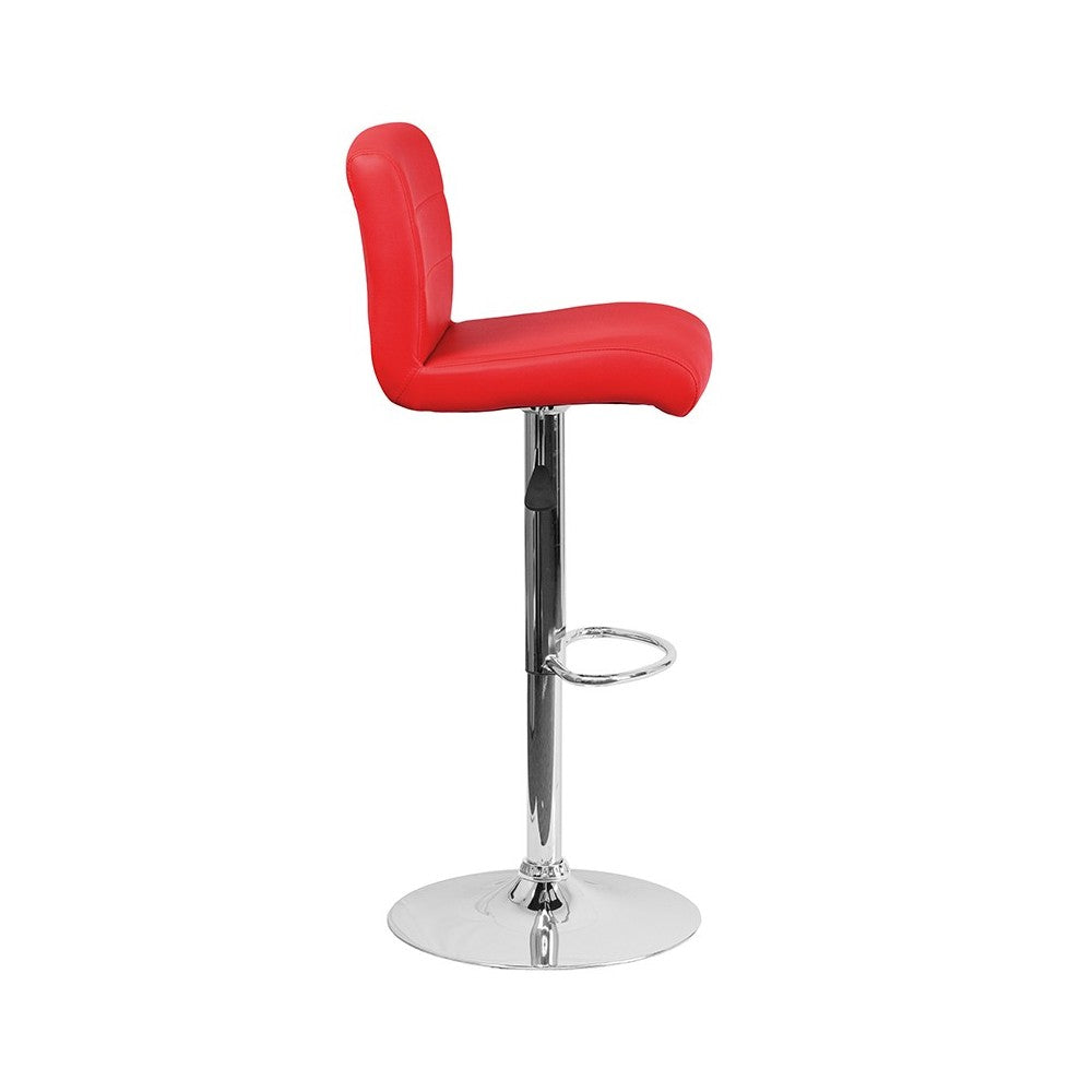 Contemporary Red Vinyl Adjustable Height Barstool with Rolled Seat and Chrome Base