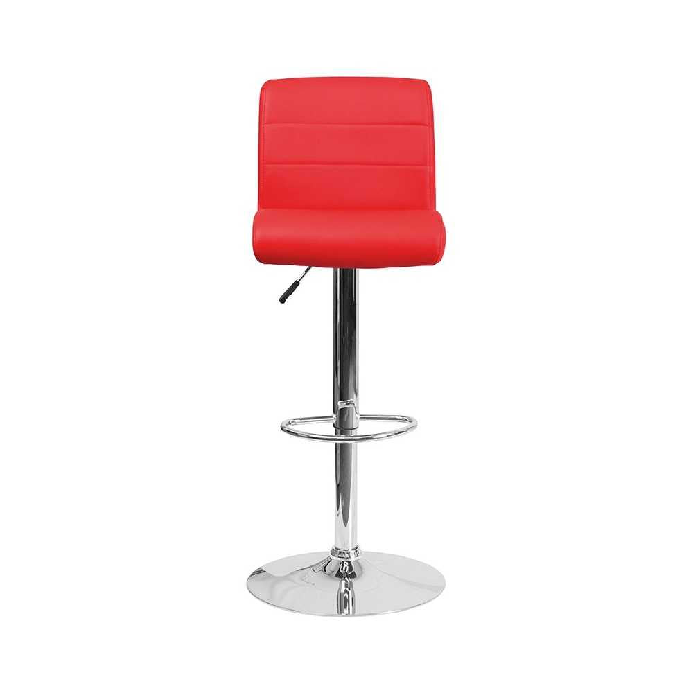 Contemporary Red Vinyl Adjustable Height Barstool with Rolled Seat and Chrome Base