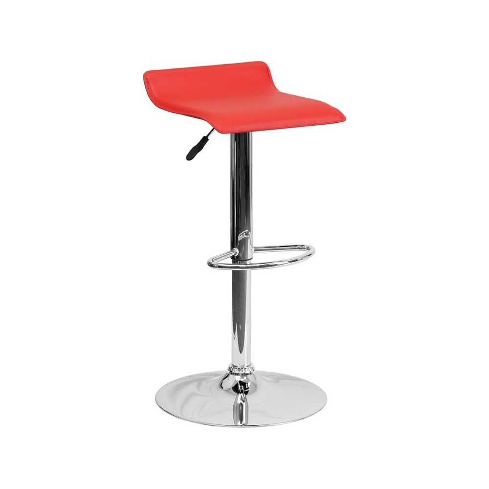 Contemporary Red Vinyl Adjustable Height Barstool with Solid Wave Seat and Chrome Base