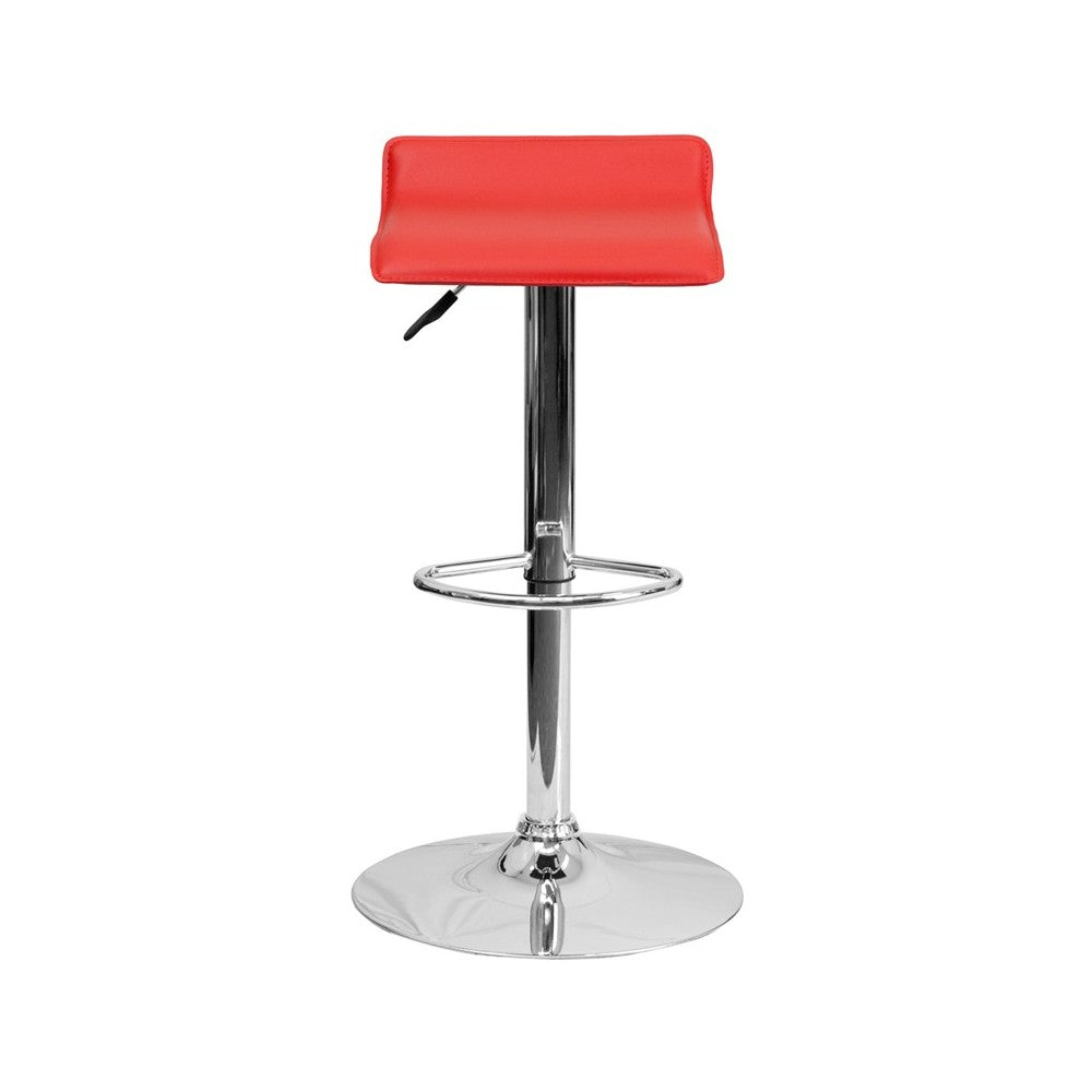 Contemporary Red Vinyl Adjustable Height Barstool with Solid Wave Seat and Chrome Base