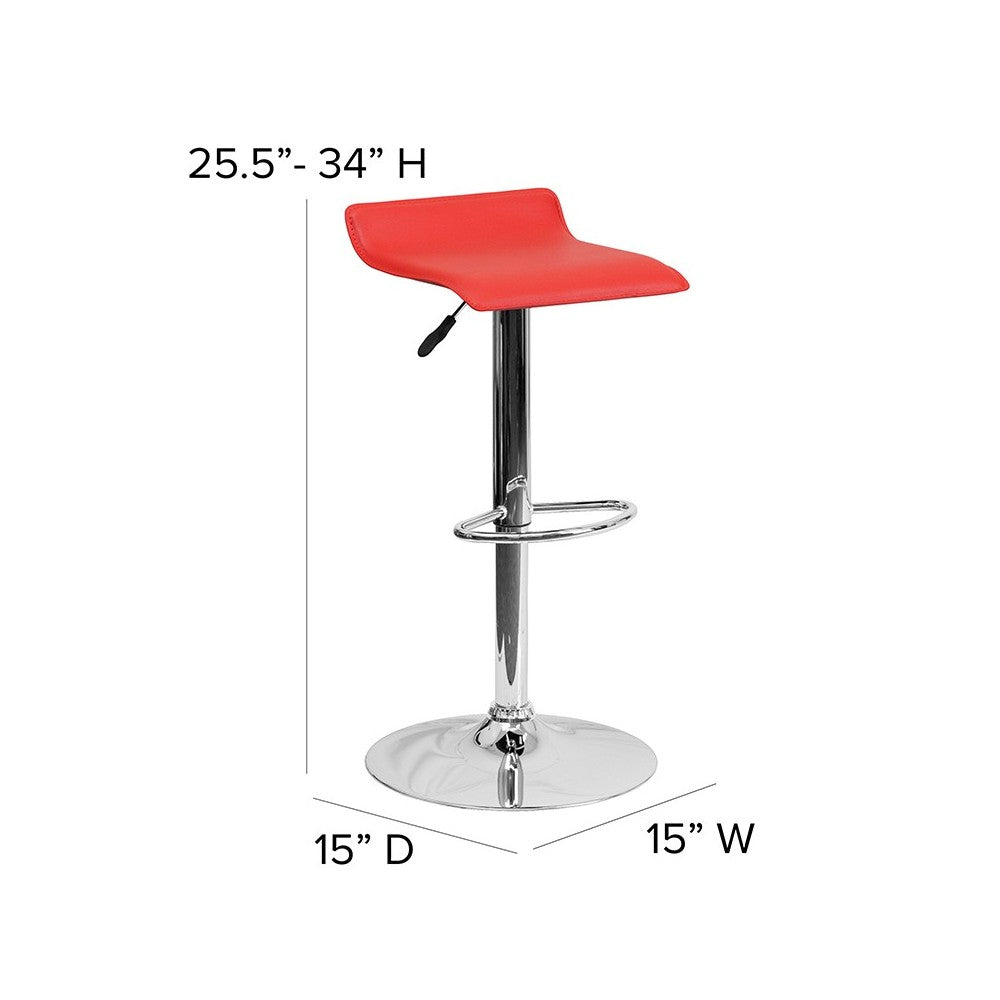 Contemporary Red Vinyl Adjustable Height Barstool with Solid Wave Seat and Chrome Base