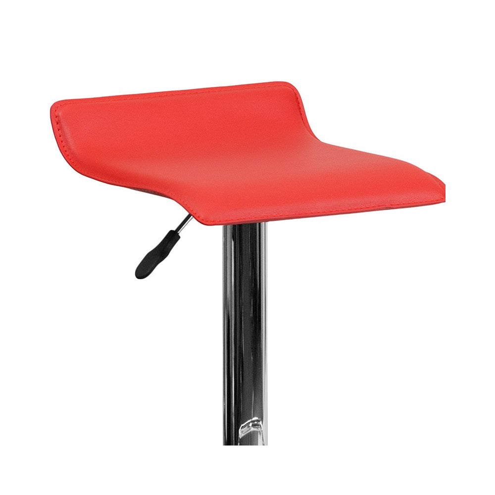 Contemporary Red Vinyl Adjustable Height Barstool with Solid Wave Seat and Chrome Base