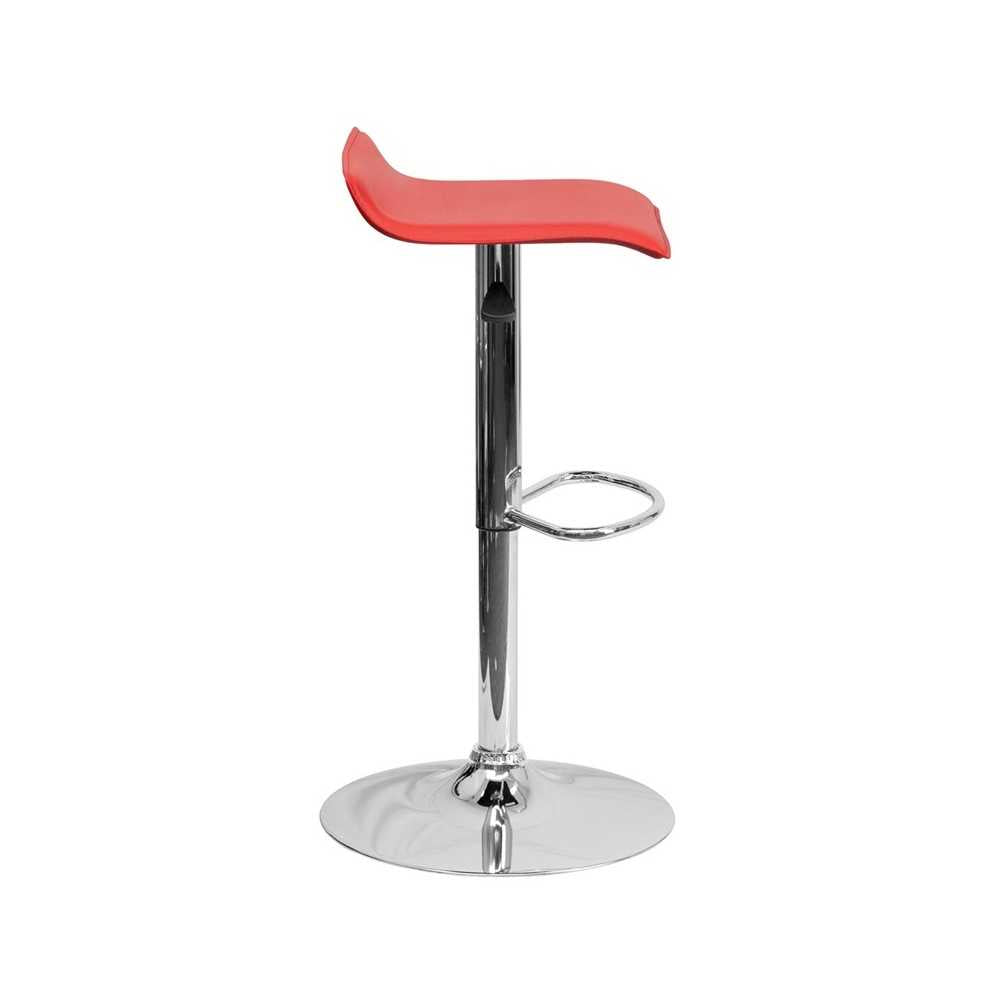 Contemporary Red Vinyl Adjustable Height Barstool with Solid Wave Seat and Chrome Base