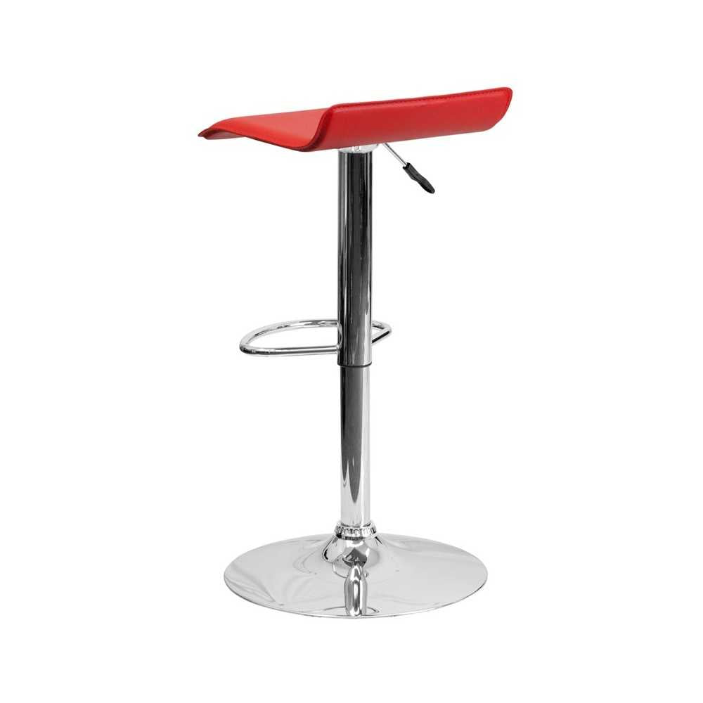 Contemporary Red Vinyl Adjustable Height Barstool with Solid Wave Seat and Chrome Base