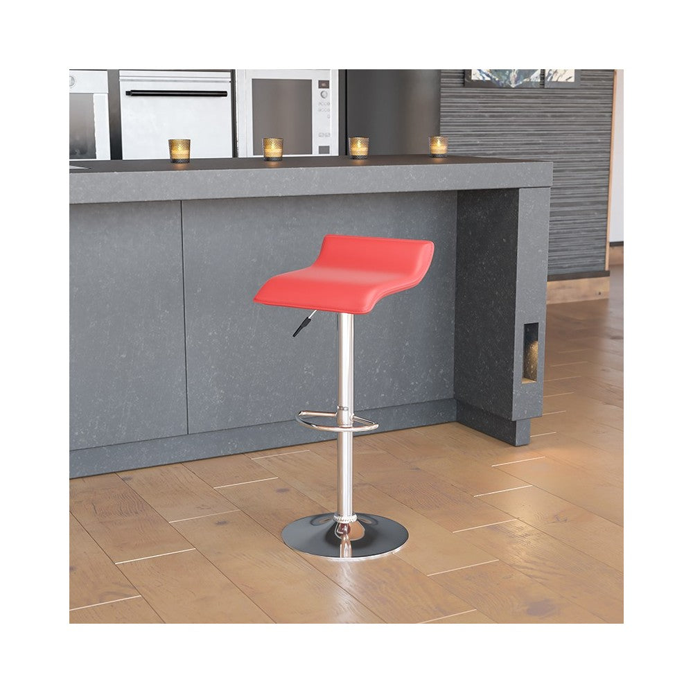 Contemporary Red Vinyl Adjustable Height Barstool with Solid Wave Seat and Chrome Base