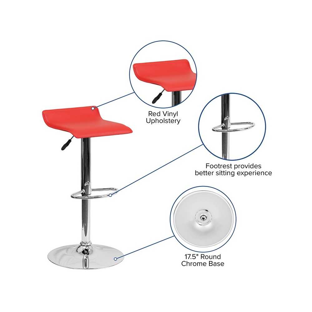 Contemporary Red Vinyl Adjustable Height Barstool with Solid Wave Seat and Chrome Base