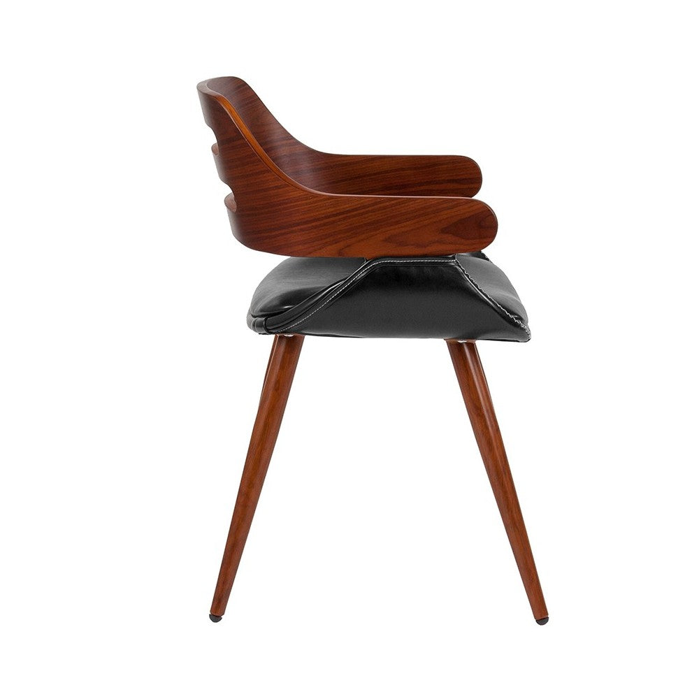 Contemporary Walnut Bentwood Side Reception Chair with Cross Stitched Black LeatherSoft Seat