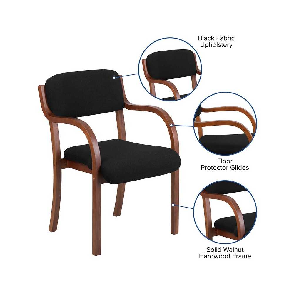 Contemporary Walnut Wood Side Reception Chair with Arms and Black Fabric Seat