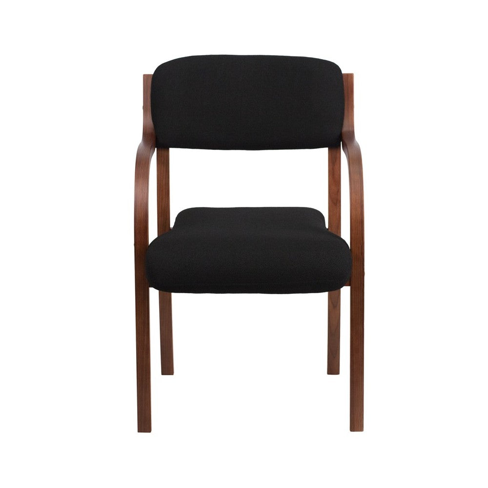 Contemporary Walnut Wood Side Reception Chair with Arms and Black Fabric Seat