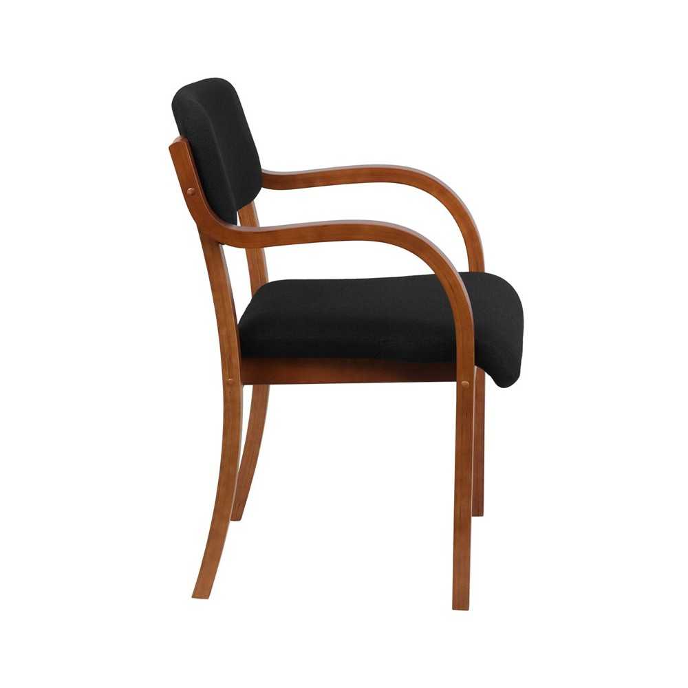 Contemporary Walnut Wood Side Reception Chair with Arms and Black Fabric Seat