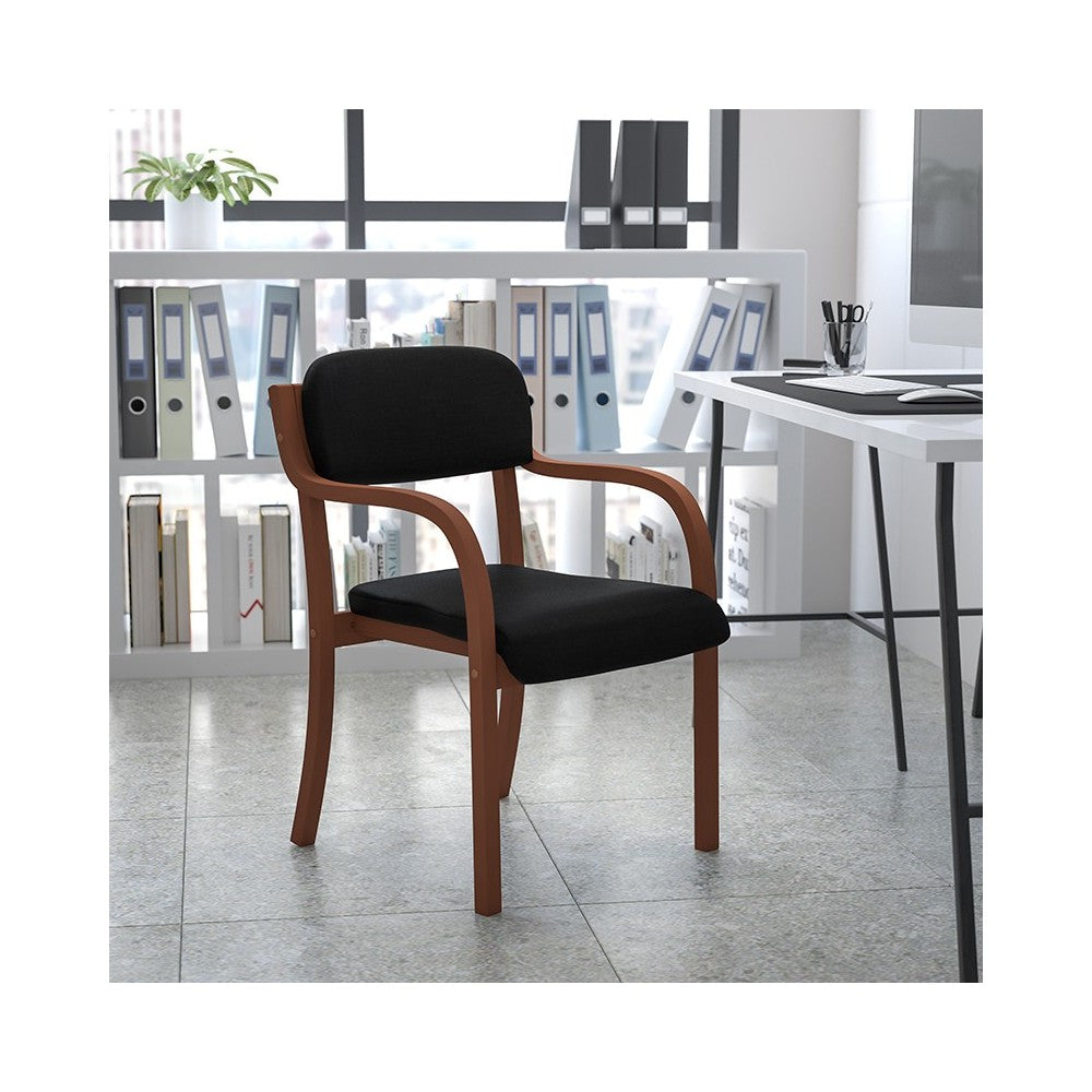 Contemporary Walnut Wood Side Reception Chair with Arms and Black Fabric Seat