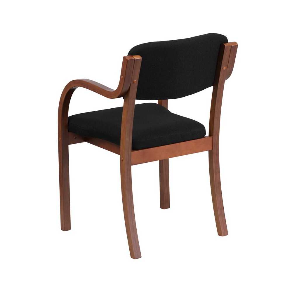 Contemporary Walnut Wood Side Reception Chair with Arms and Black Fabric Seat