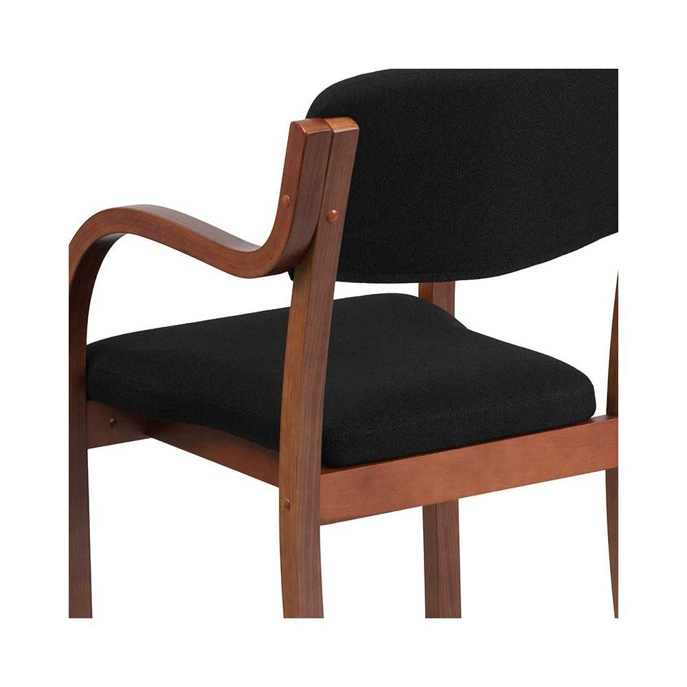 Contemporary Walnut Wood Side Reception Chair with Arms and Black Fabric Seat