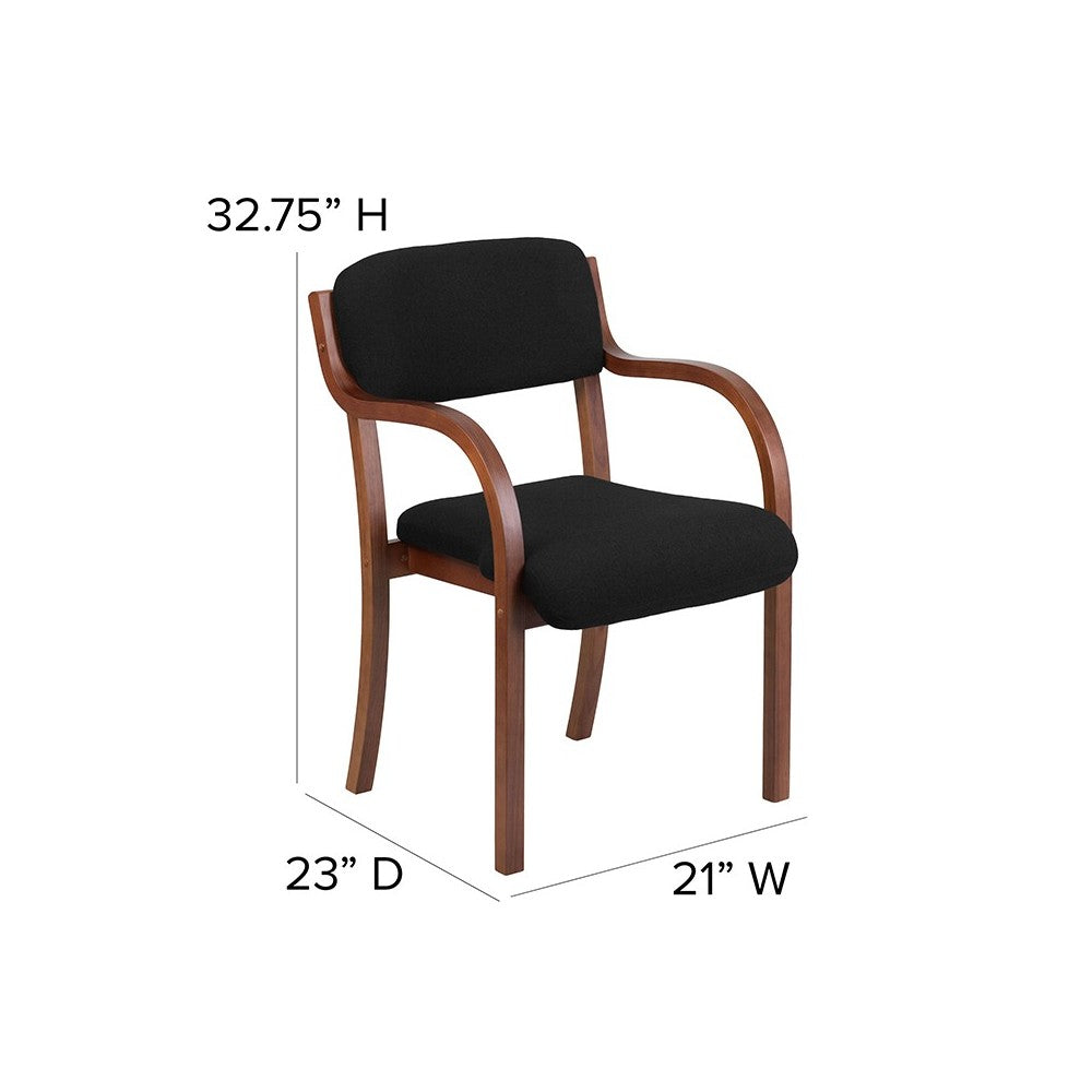 Contemporary Walnut Wood Side Reception Chair with Arms and Black Fabric Seat