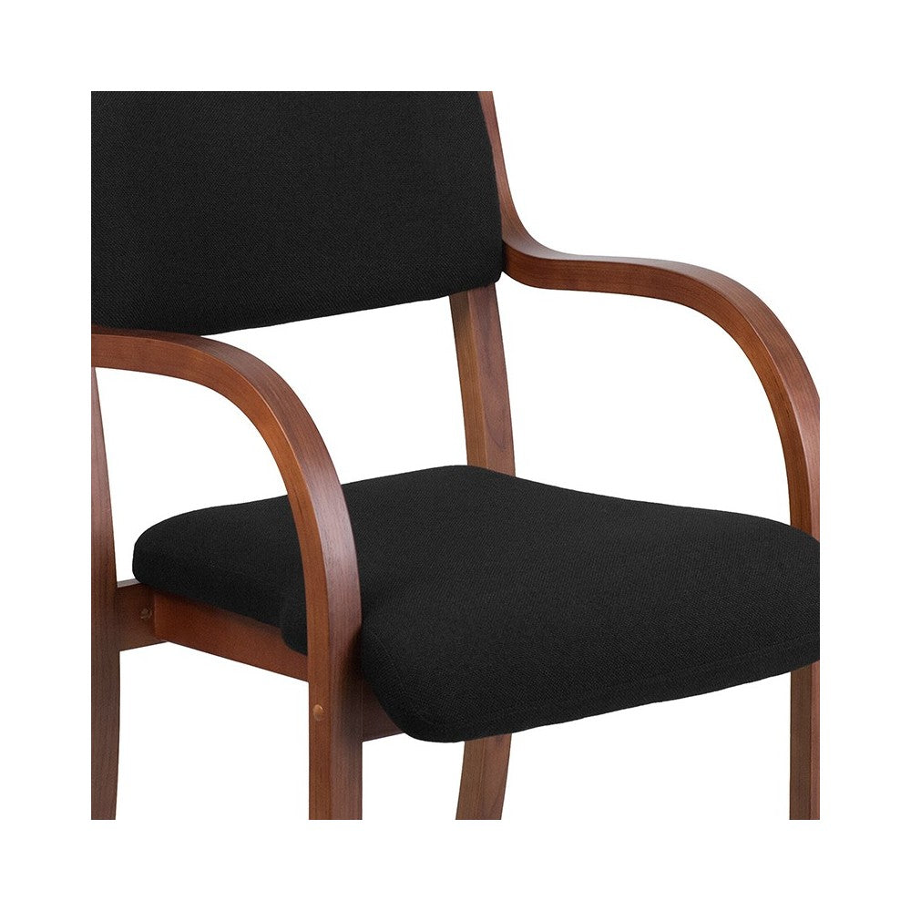 Contemporary Walnut Wood Side Reception Chair with Arms and Black Fabric Seat