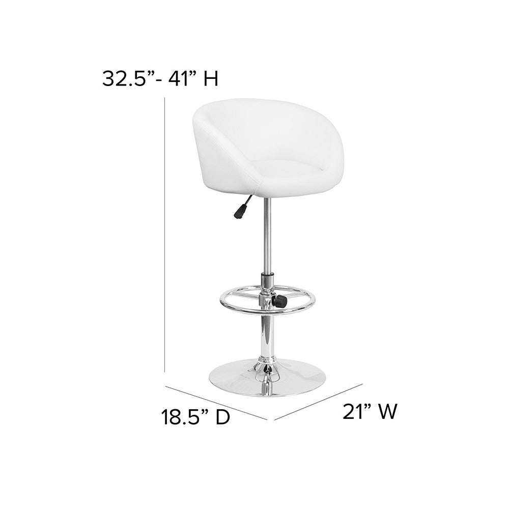 Contemporary White Vinyl Adjustable Height Barstool with Barrel Back and Chrome Base