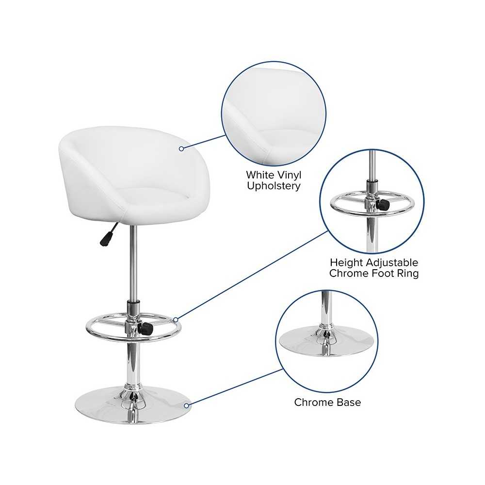 Contemporary White Vinyl Adjustable Height Barstool with Barrel Back and Chrome Base