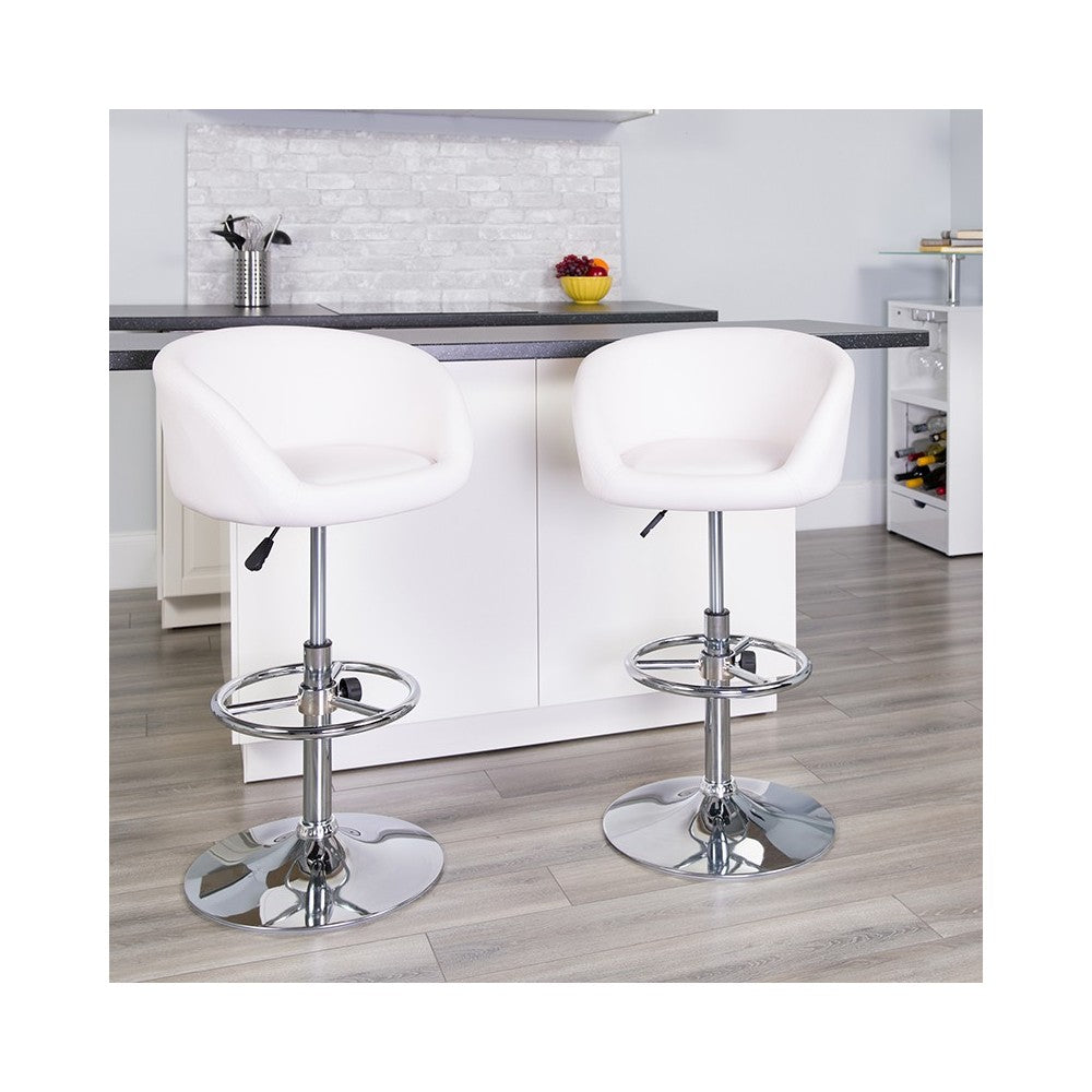 Contemporary White Vinyl Adjustable Height Barstool with Barrel Back and Chrome Base