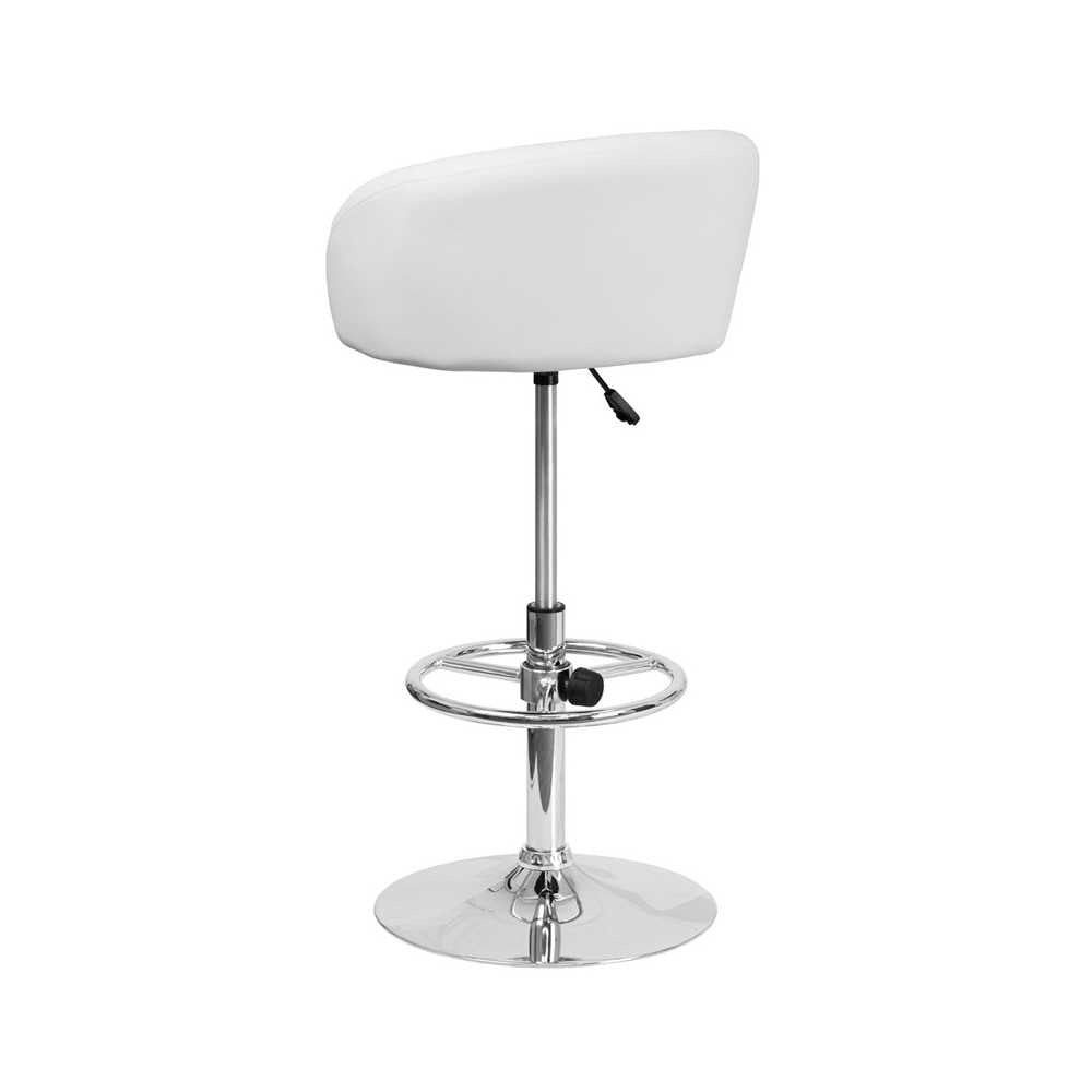 Contemporary White Vinyl Adjustable Height Barstool with Barrel Back and Chrome Base